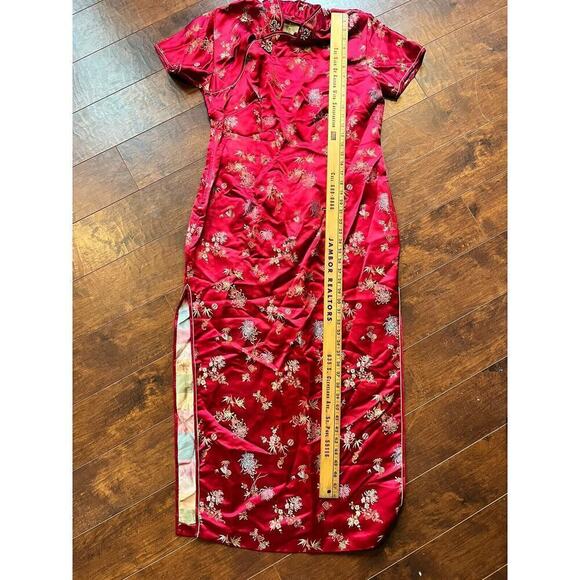 Vintage SOLZ Squirrel Red Rayon Satin Wiggle Fitted Dress Gown Size 42 - Picture 14 of 14